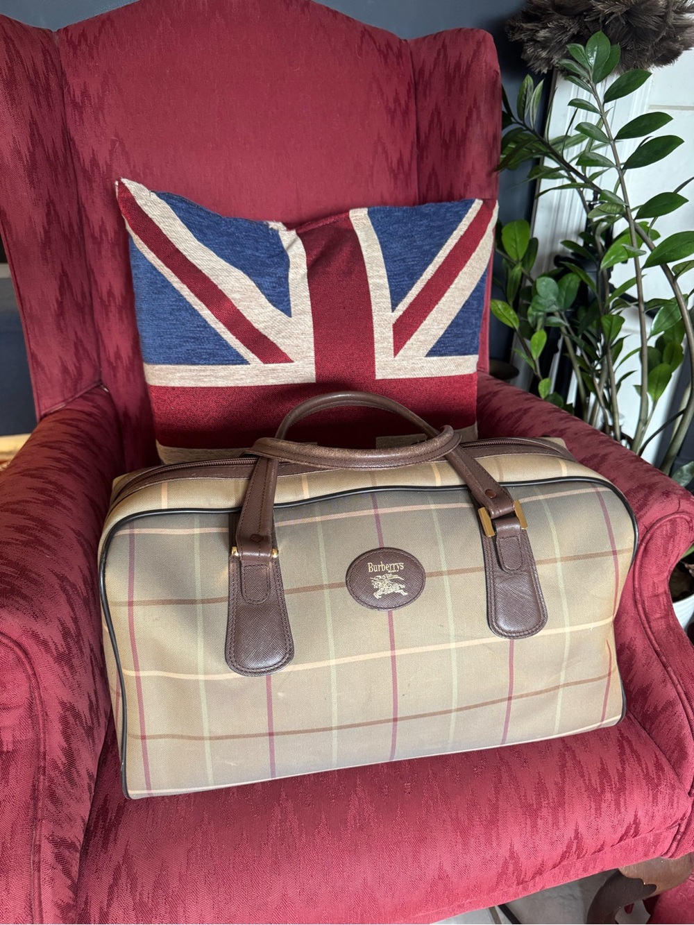 Burberry Chameleon Plaid Weekender Bag with Brown Leather Trim